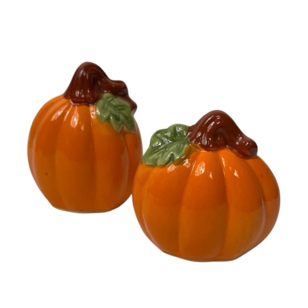 Orange Pumpkin Salt & Pepper Shakers Set Halloween Thanksgiving Autumn Fall D14Q